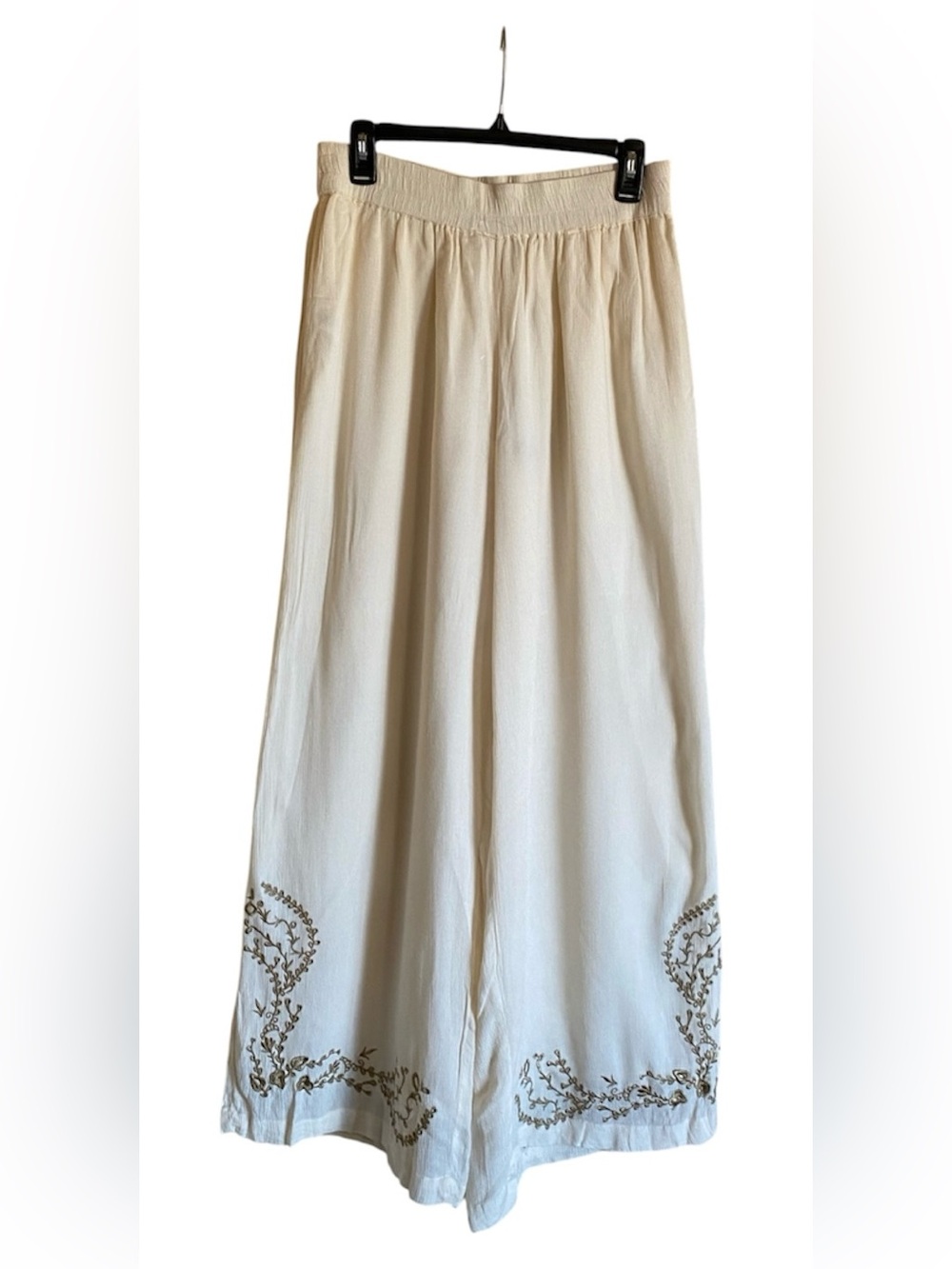 Women’s ELIE TAHARI Cream Embroidered Wide Leg Flowy Cotton Pants M NWT